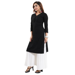 Generic Women's Rayon Embroidered Straight Kurti-Black