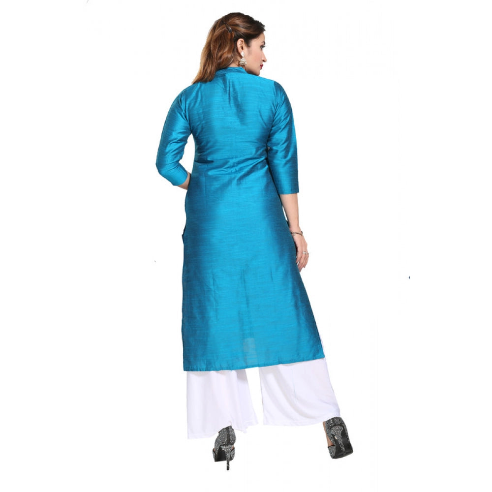 Generisches Damen-Kurti aus Seide mit selbstaufnähendem Muster, gerade, blau