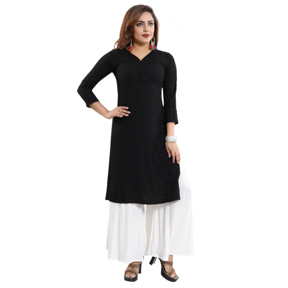 Generic Women's Rayon Embroidered Straight Kurti-Black