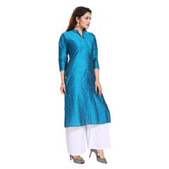 Generic Women's Silk Self Pattern Straight Kurti-Blue