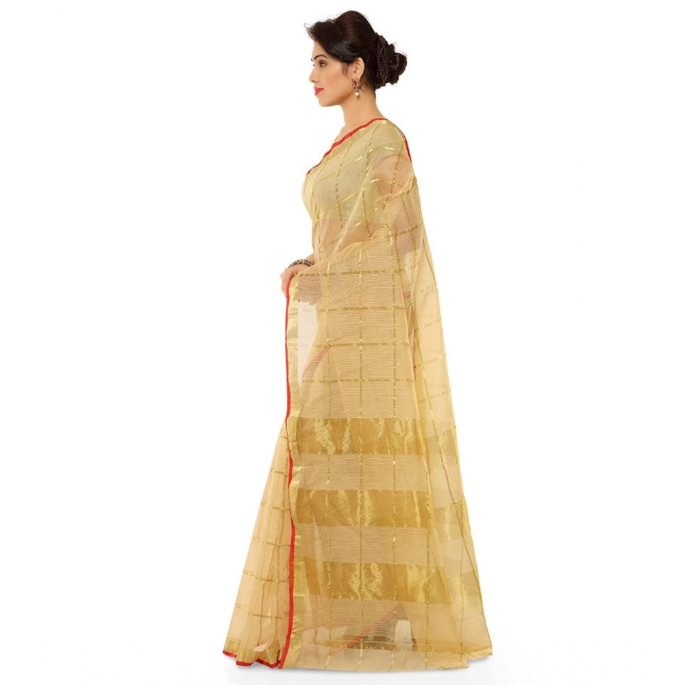 Generic Women's Kota Doria Cotton Saree With Blouse (Chikoo,6-3 Mtrs)