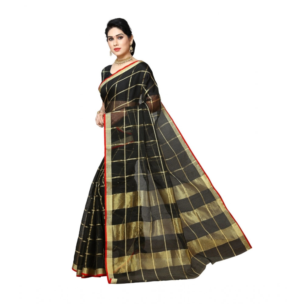 Generic Women's Kota Doria Cotton Saree With Blouse (Black,6-3 Mtrs)