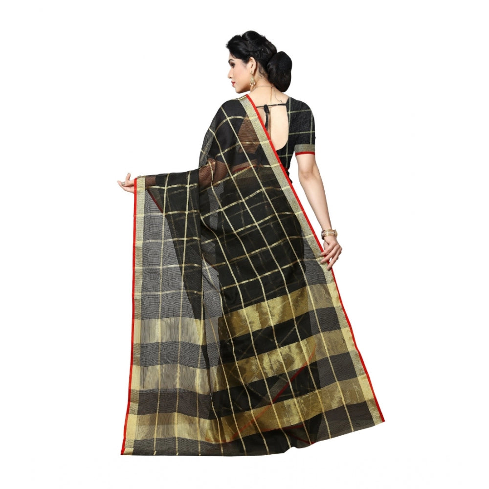 Generic Women's Kota Doria Cotton Saree With Blouse (Black,6-3 Mtrs)