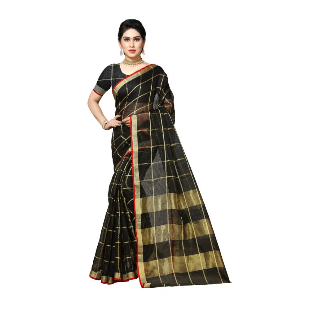 Generic Women's Kota Doria Cotton Saree With Blouse (Black,6-3 Mtrs)