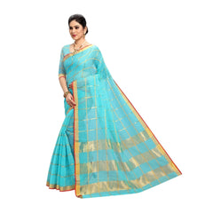 Generic Women's Kota Doria Cotton Saree With Blouse (Sky Blue,6-3 Mtrs)