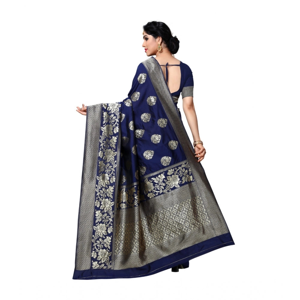 Generic Women's Jacquard Silk Saree With Blouse (Nevy Blue,6-3 Mtrs)