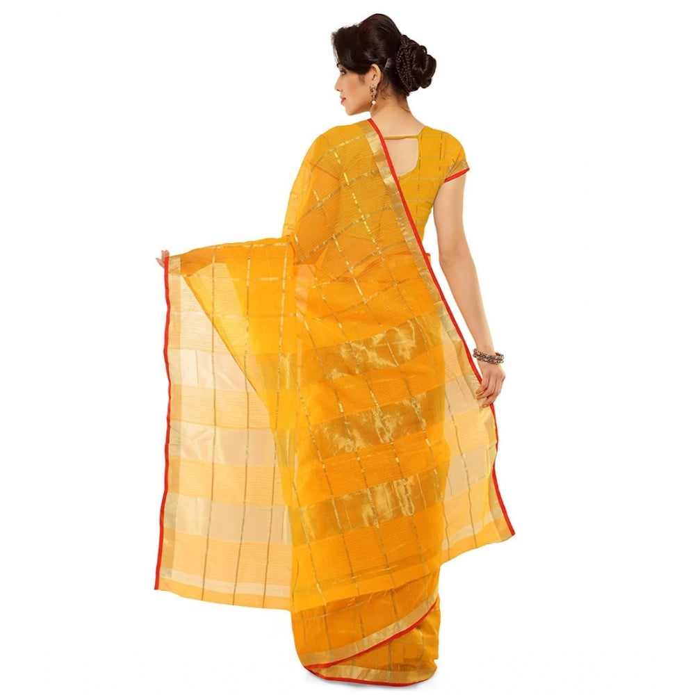 Generic Women's Kota Doria Cotton Saree With Blouse (Yellow,6-3 Mtrs)