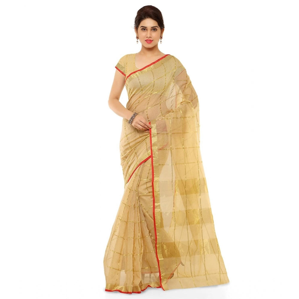 Generic Women's Kota Doria Cotton Saree With Blouse (Chikoo,6-3 Mtrs)