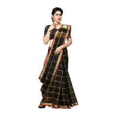 Generic Women's Kota Doria Cotton Saree With Blouse (Black,6-3 Mtrs)