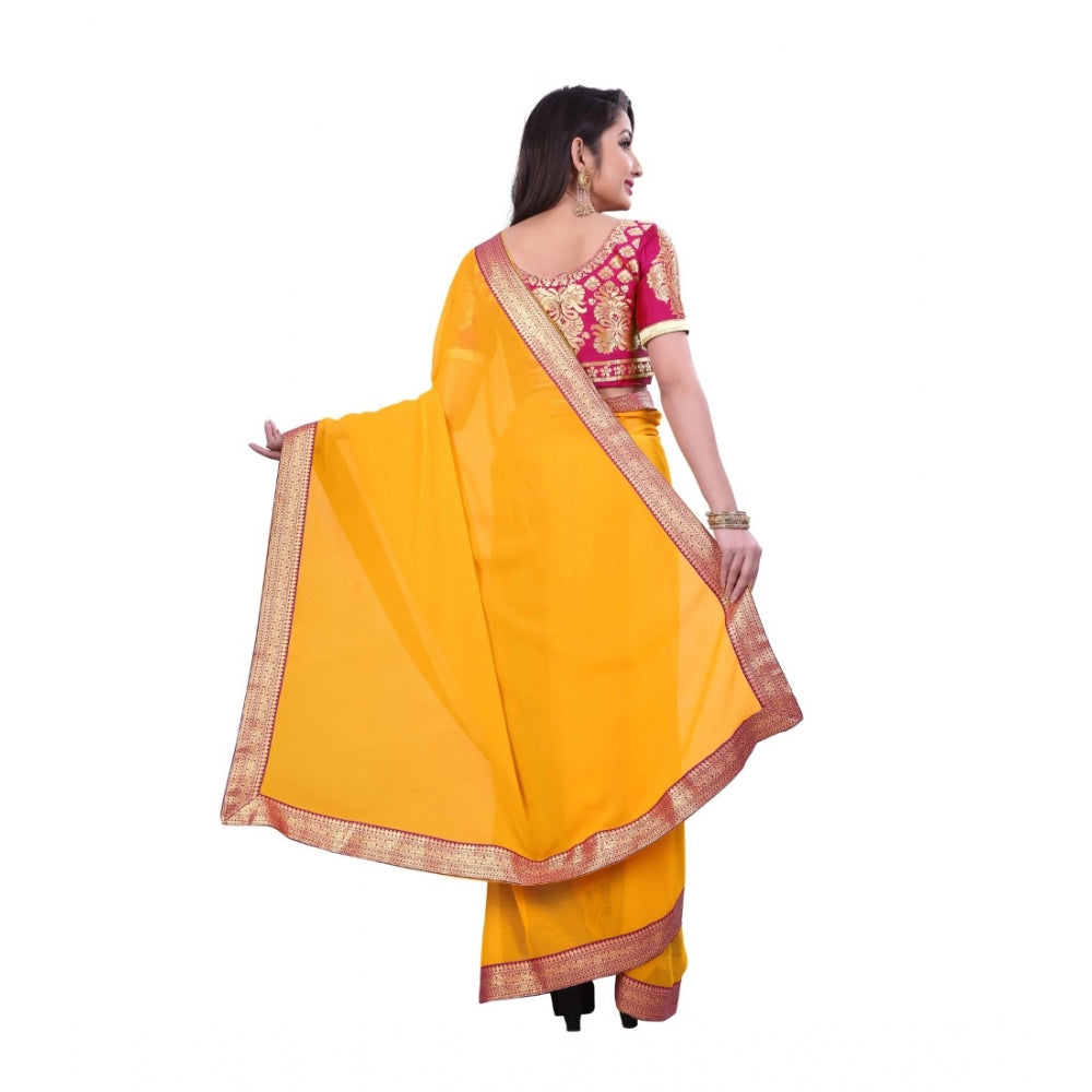 Generic Women's Chiifon, Jacquard Blouse Saree(Yellow,5-6 Mtrs)