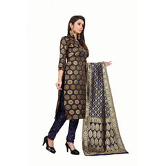 Generischer Salwar Kameez-Anzug aus Jacquard-Seide für Damen, ungesäumt, mit Dupatta (Schwarz, 2–2,5 m)