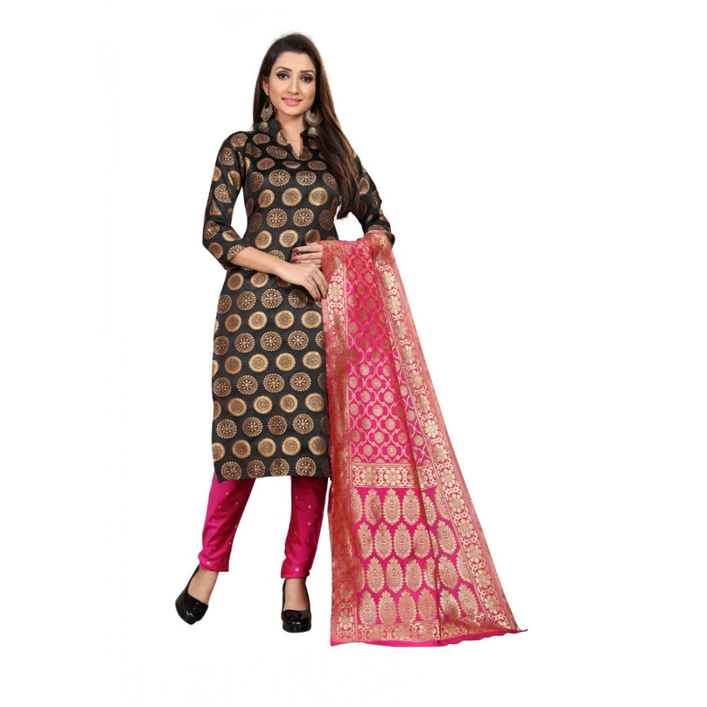 Generic Women's Jacquard Silk Unstitched Salwar-Suit Material With Dupatta (Black,2-2.5Mtrs)