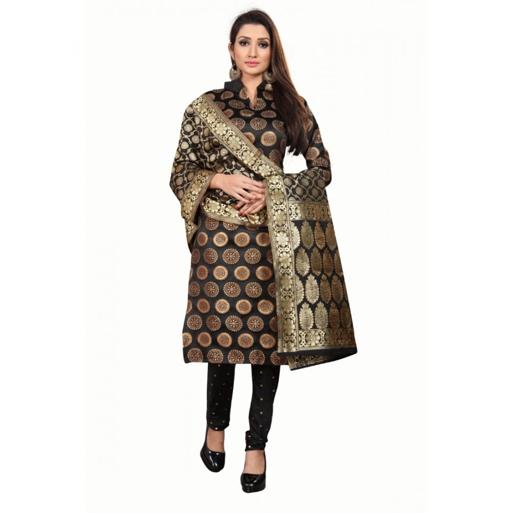 Generic Women's Jacquard Silk Unstitched Salwar-Suit Material With Dupatta (Black,2-2.5Mtrs)