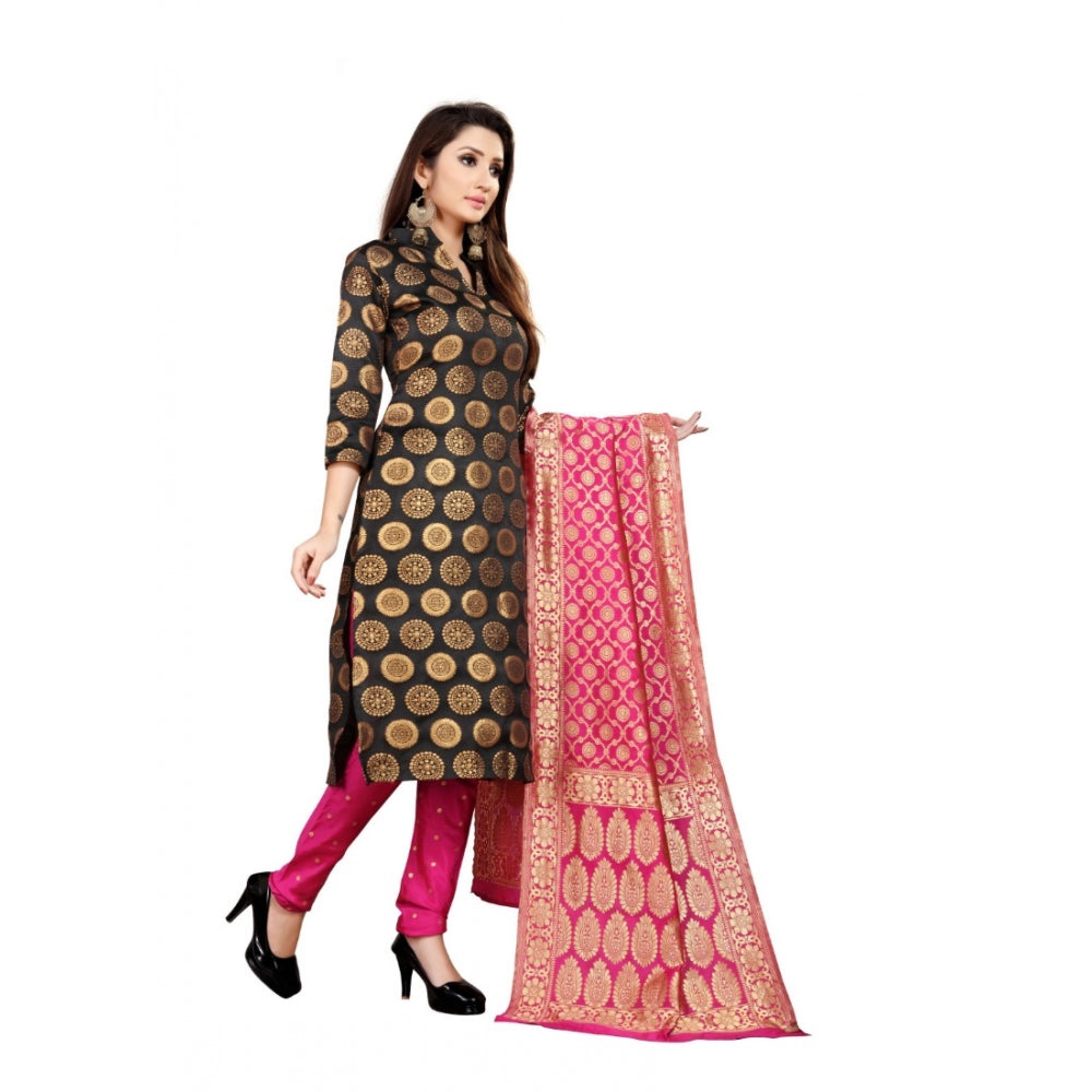 Generischer Salwar Kameez-Anzug aus Jacquard-Seide für Damen, ungesäumt, mit Dupatta (Schwarz, 2–2,5 m)