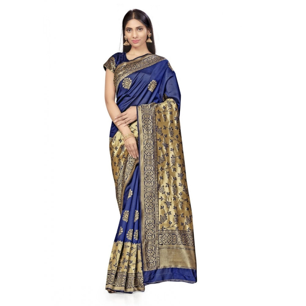 Generic Women's Banarasi Silk Saree (Navy Blue,5-6 Mtrs)