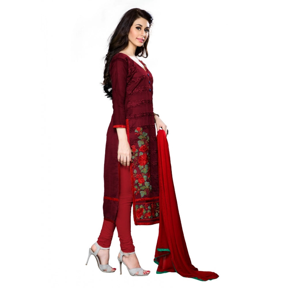 Generic Women's Cotton Unstitched Salwar Suit-Material With Dupatta (Dark Maroon,2.3 Mtrs)