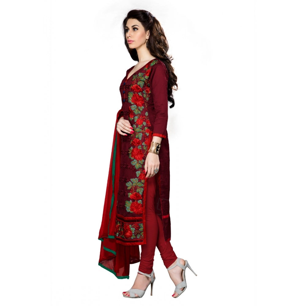 Generic Women's Cotton Unstitched Salwar Suit-Material With Dupatta (Dark Maroon,2.3 Mtrs)