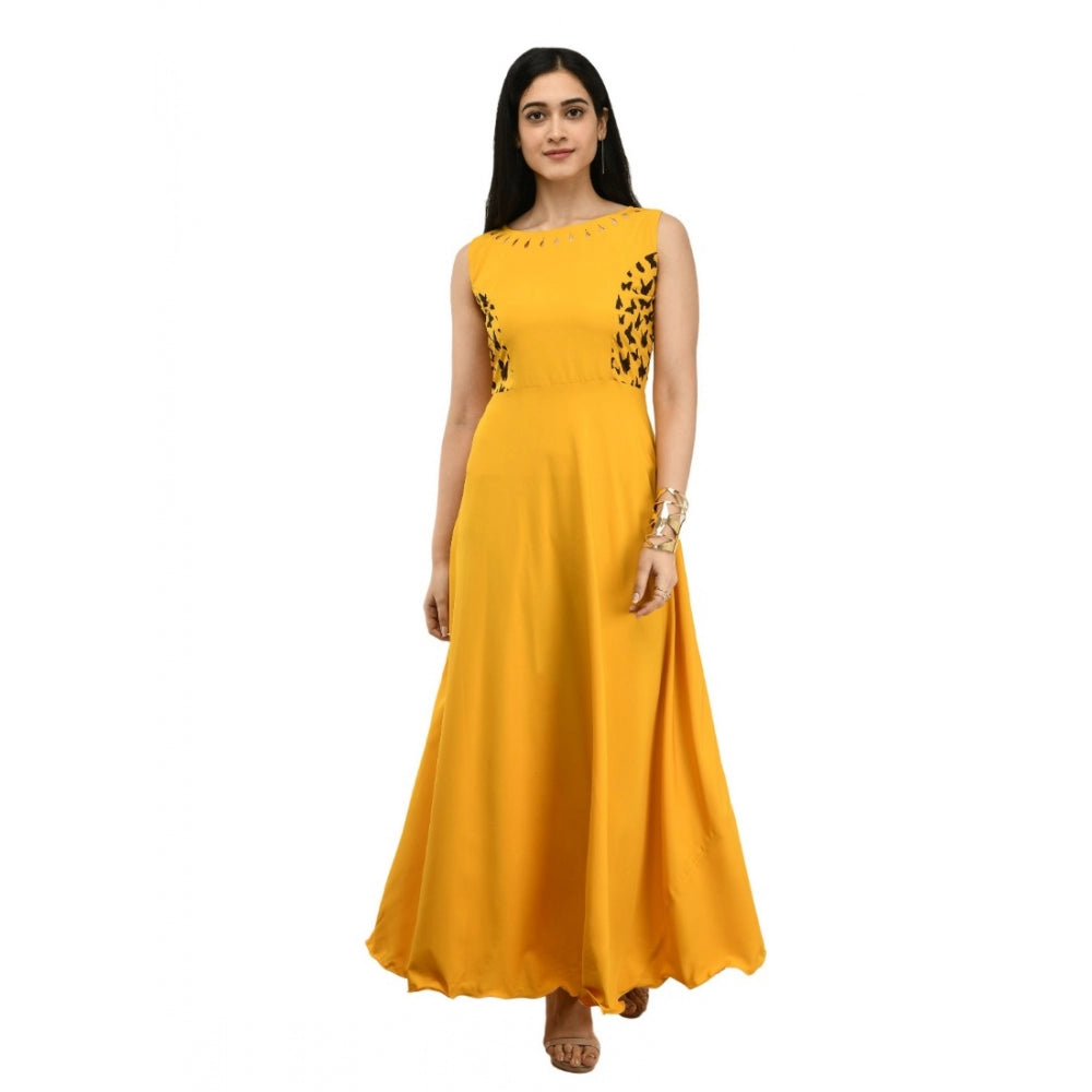 Generic Women's Crepe Solid Sleeveless Full Length Gown(Yellow)