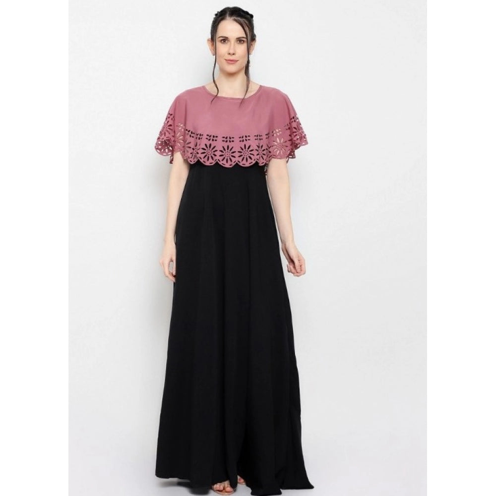 Generic Women's Crepe Solid Sleeveless Full Length Gown(Peach Black)