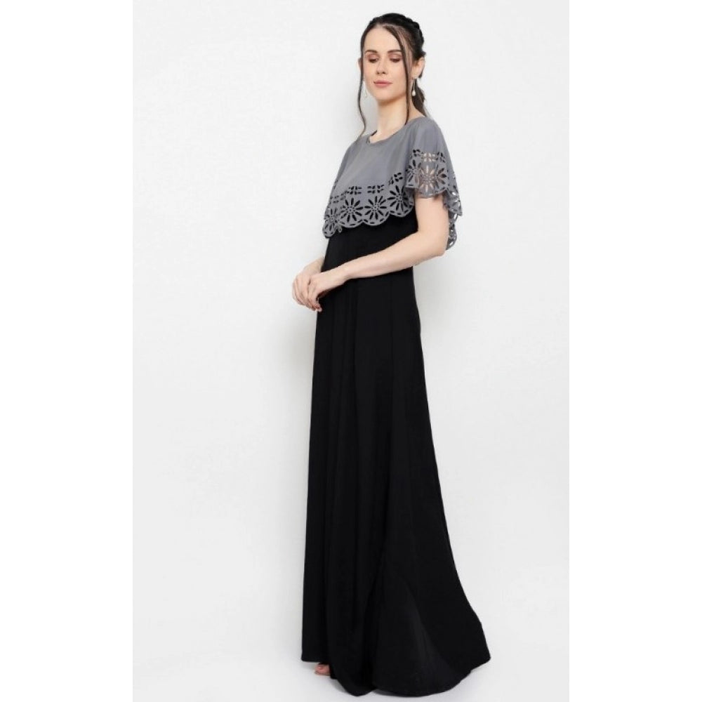Generic Women's Crepe Solid Sleeveless Full Length Gown(Grey Black)