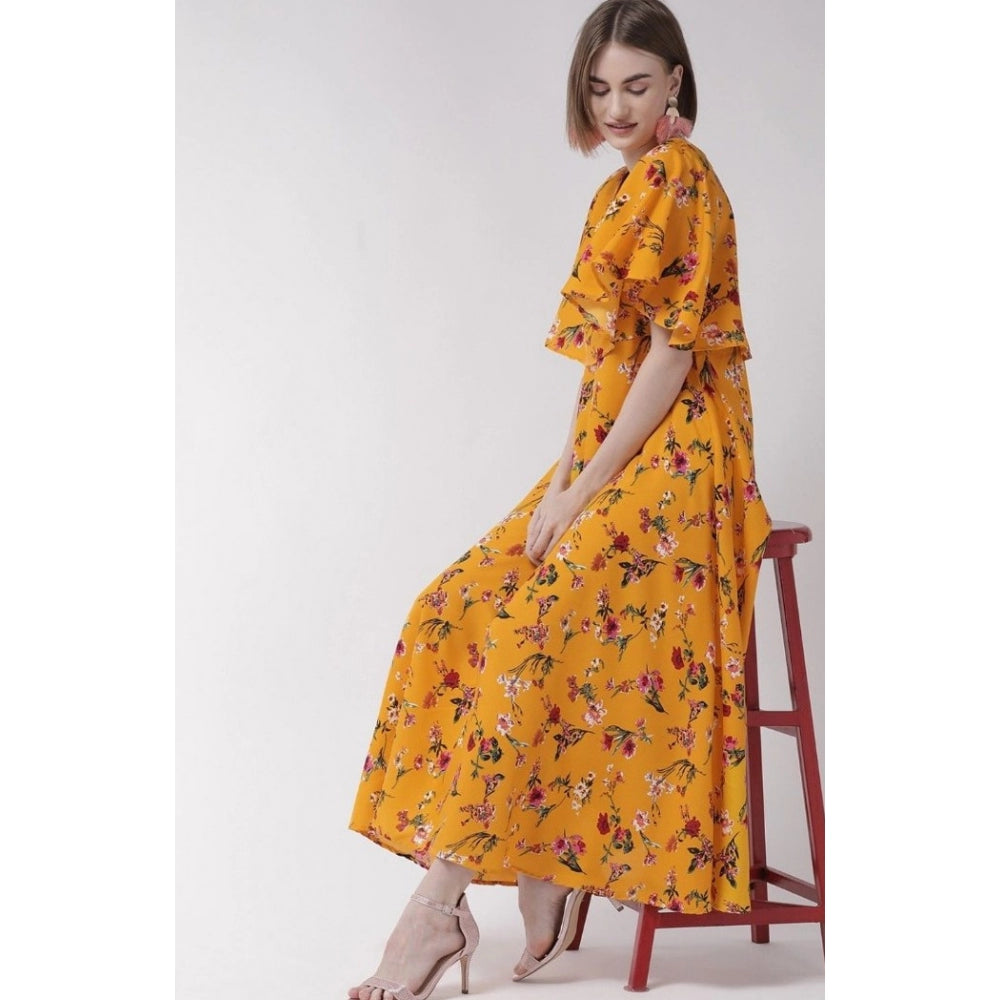 Generic Women's Crepe Floral Half Sleeves Full Length Gown(Yellow)