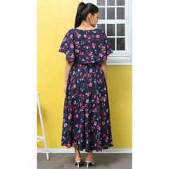 Generic Women's Crepe Floral Half Sleeves Full Length Gown(Dark Blue)