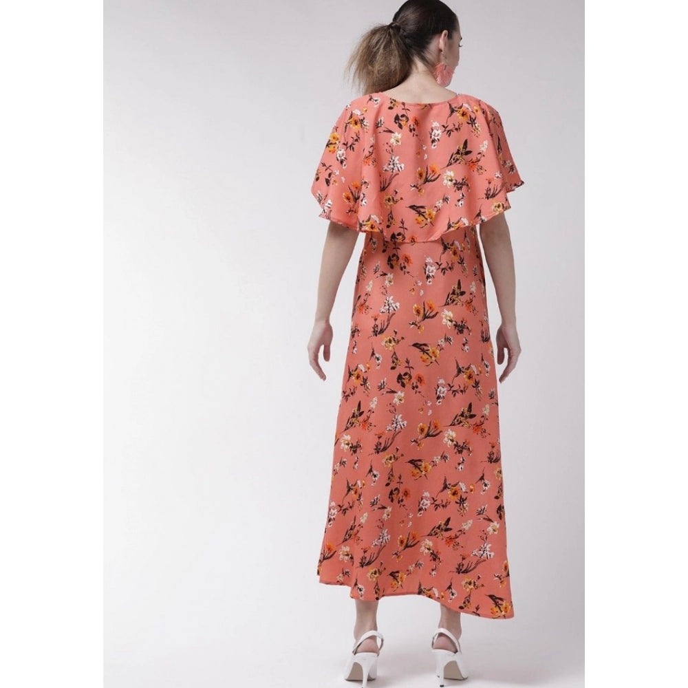 Generic Women's Crepe Floral Half Sleeves Full Length Gown(Orange)