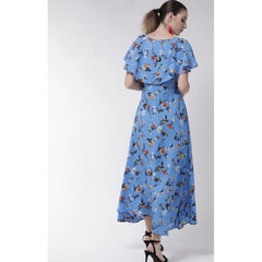 Generic Women's Crepe Floral Half Sleeves Full Length Gown(Blue)