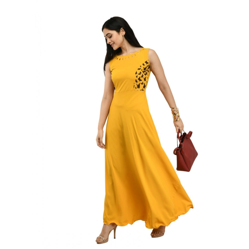 Generic Women's Crepe Solid Sleeveless Full Length Gown(Yellow)