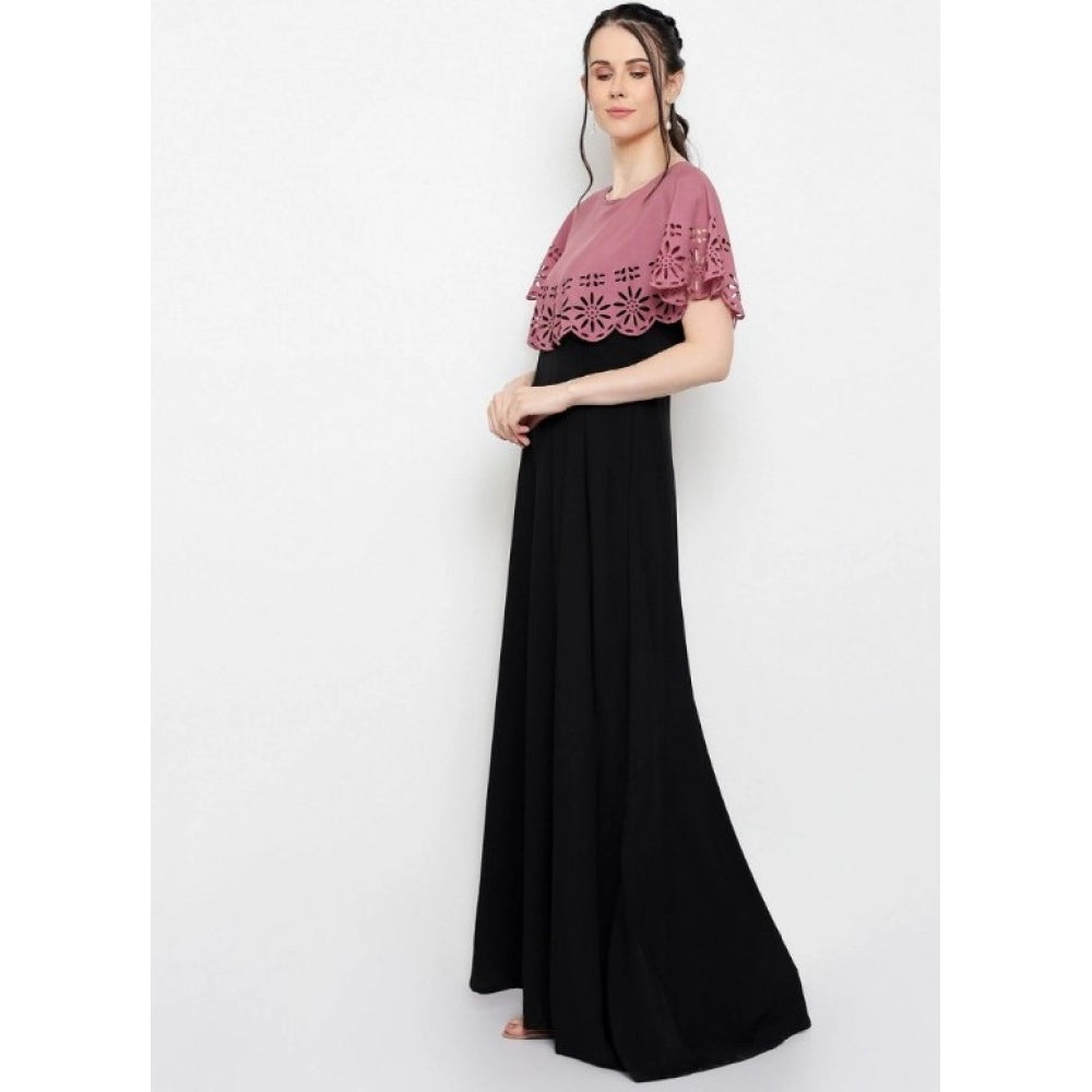 Generic Women's Crepe Solid Sleeveless Full Length Gown(Peach Black)