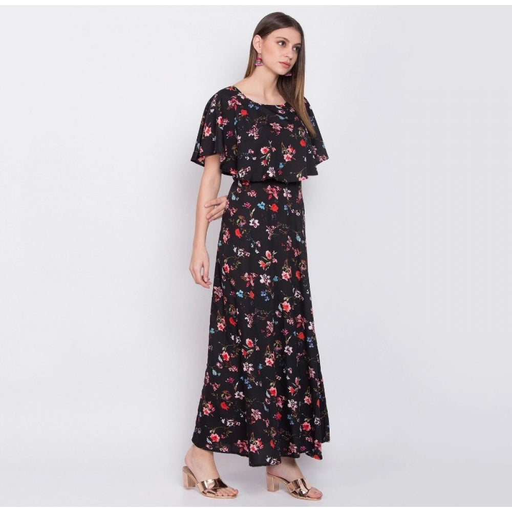 Generic Women's Crepe Floral Half Sleeves Full Length Gown(Black)