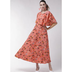 Generic Women's Crepe Floral Half Sleeves Full Length Gown(Orange)