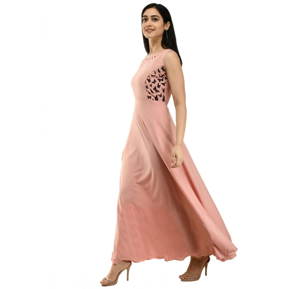 Generic Women's Crepe Solid Sleeveless Full Length Gown(Light Peach)