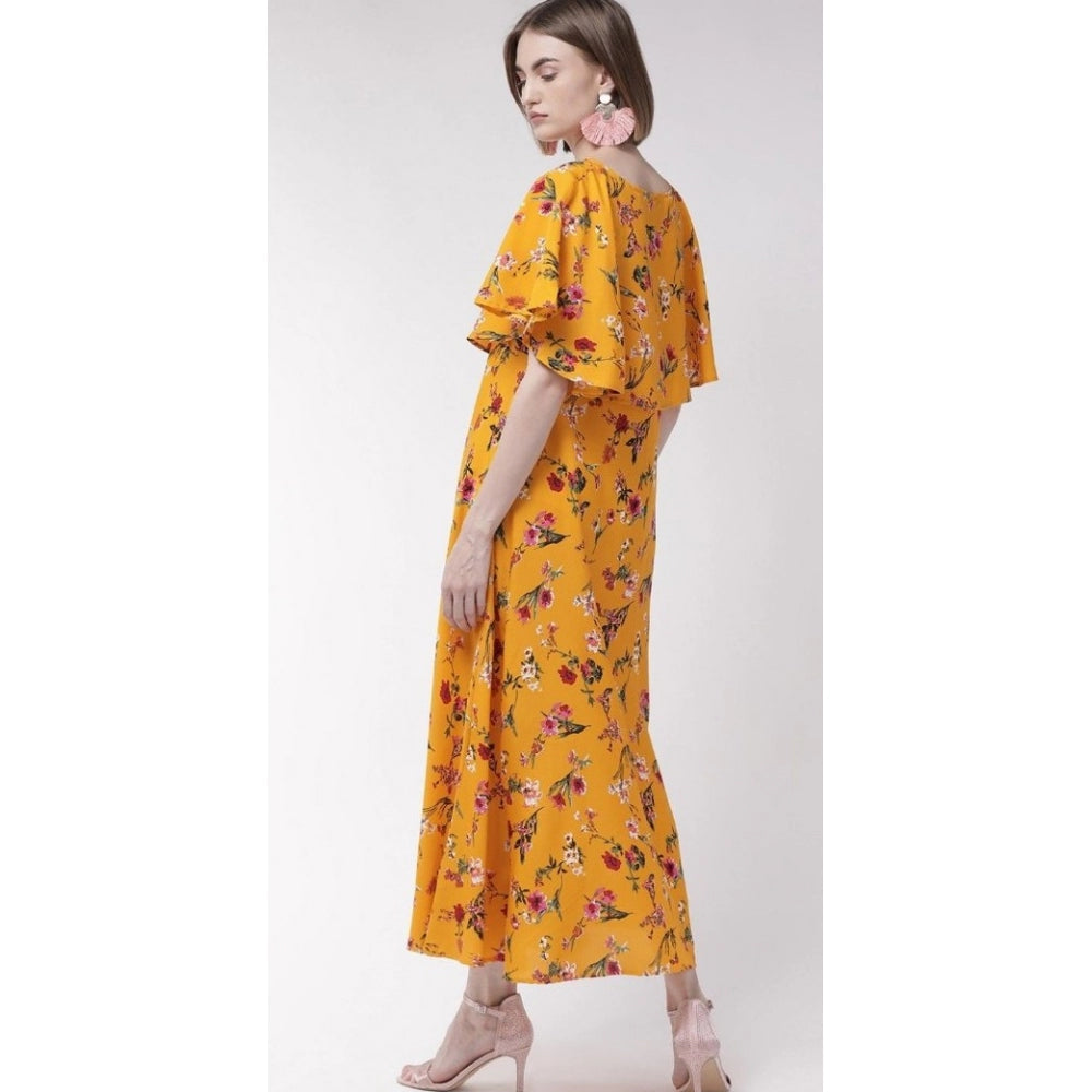 Generic Women's Crepe Floral Half Sleeves Full Length Gown(Yellow)