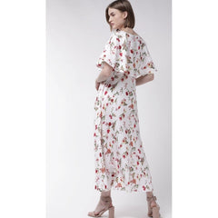 Generic Women's Crepe Floral Half Sleeves Full Length Gown(White)