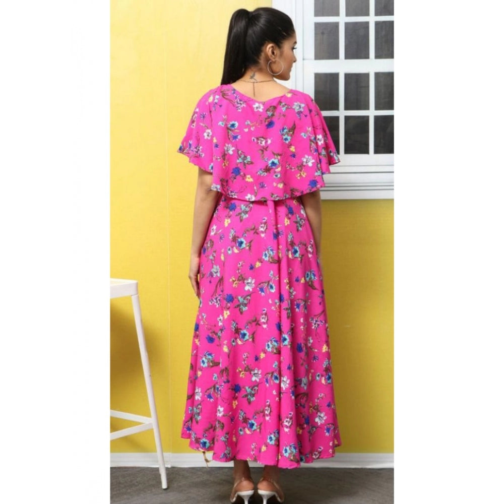Generic Women's Crepe Floral Half Sleeves Full Length Gown(Pink)