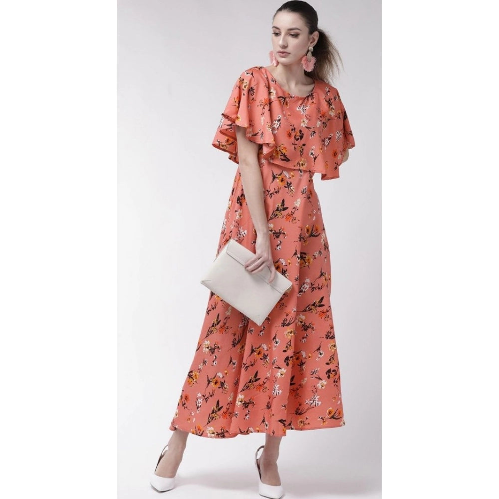 Generic Women's Crepe Floral Half Sleeves Full Length Gown(Orange)