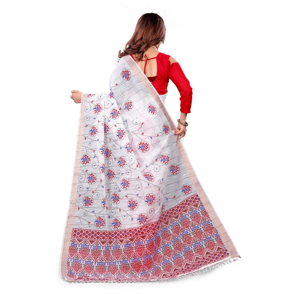 Generic Women's Cotton Blend Saree(White ,5-6Mtrs)