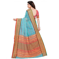 Generic Women's Kota Doria Cotton Woven Butta Saree With Blouse (Sky Blue, 5-6 Mtrs)