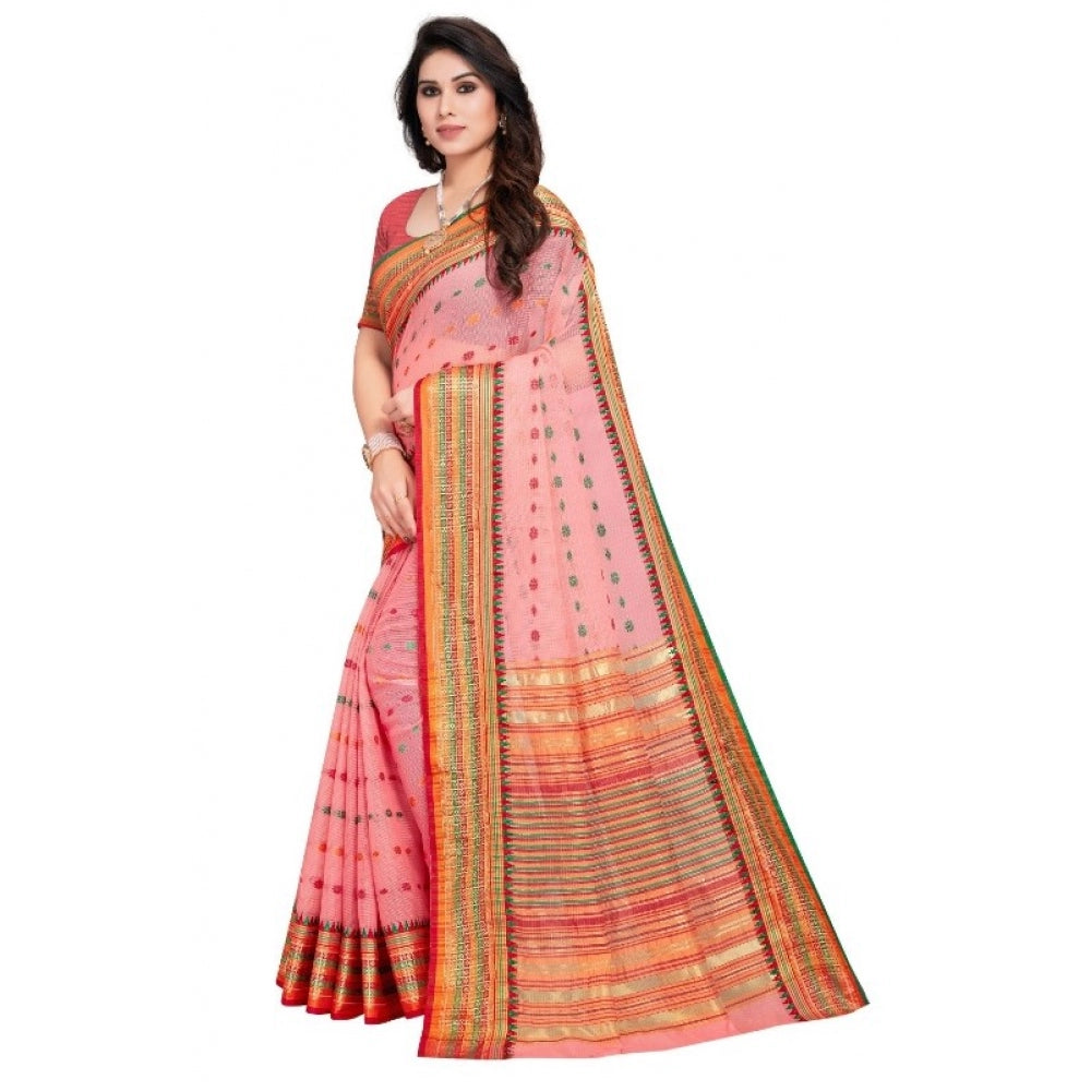 Generic Women's Kota Doria Cotton Woven Butta Saree With Blouse (Pink, 5-6 Mtrs)