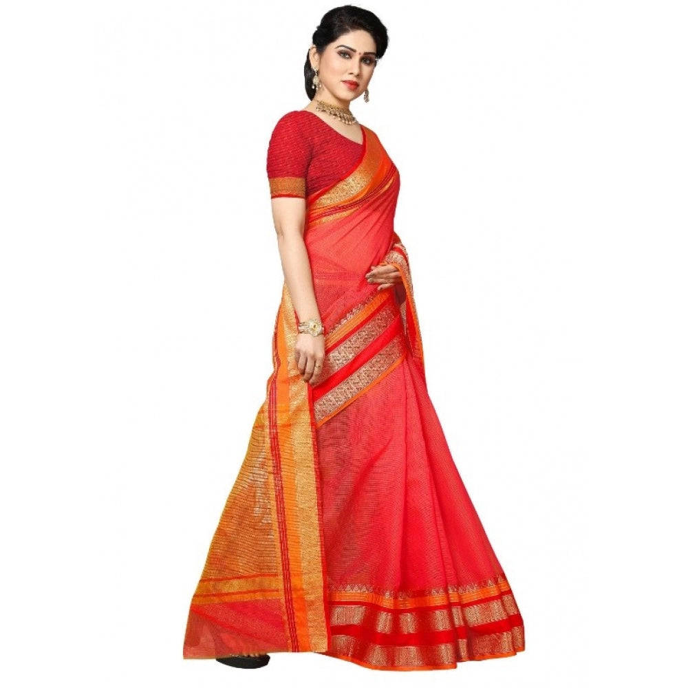 Generic Women's Kota Doria Cotton Border Saree With Blouse (Pink, 5-6 Mtrs)