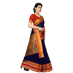 Generic Women's Kota Doria Cotton Border Saree With Blouse (Navy Blue, 5-6 Mtrs)