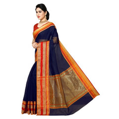 Generic Women's Kota Doria Cotton Border Saree With Blouse (Navy Blue, 5-6 Mtrs)