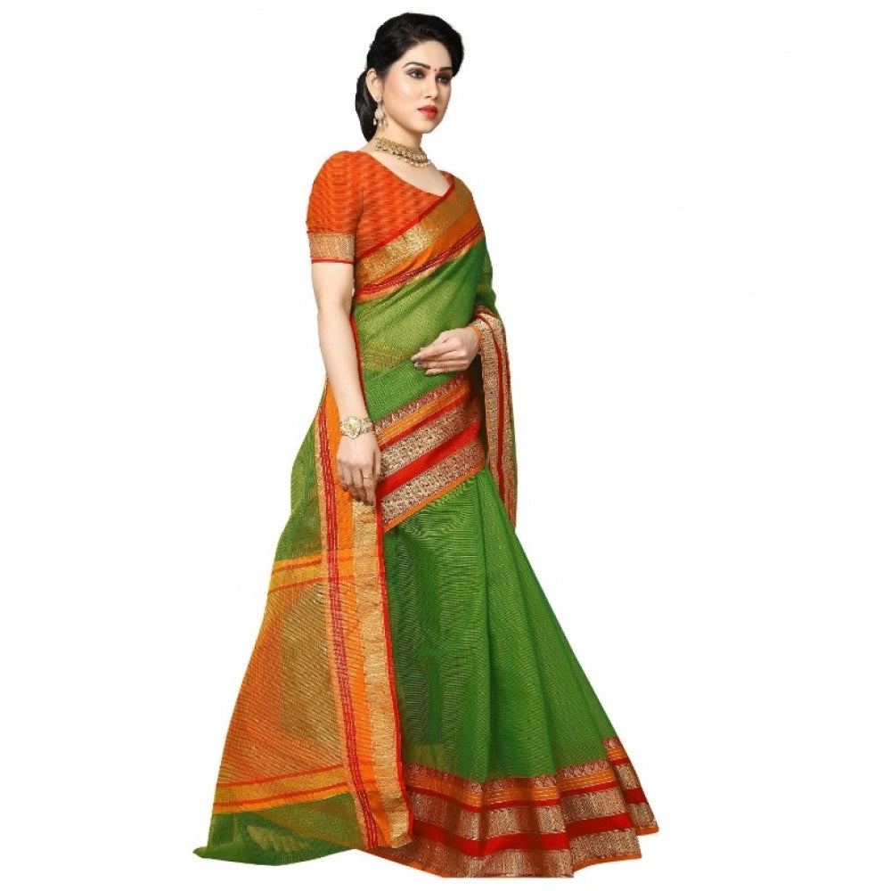 Generic Women's Kota Doria Cotton Border Saree With Blouse (Green, 5-6 Mtrs)