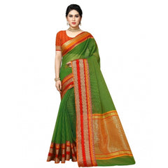 Generic Women's Kota Doria Cotton Border Saree With Blouse (Green, 5-6 Mtrs)