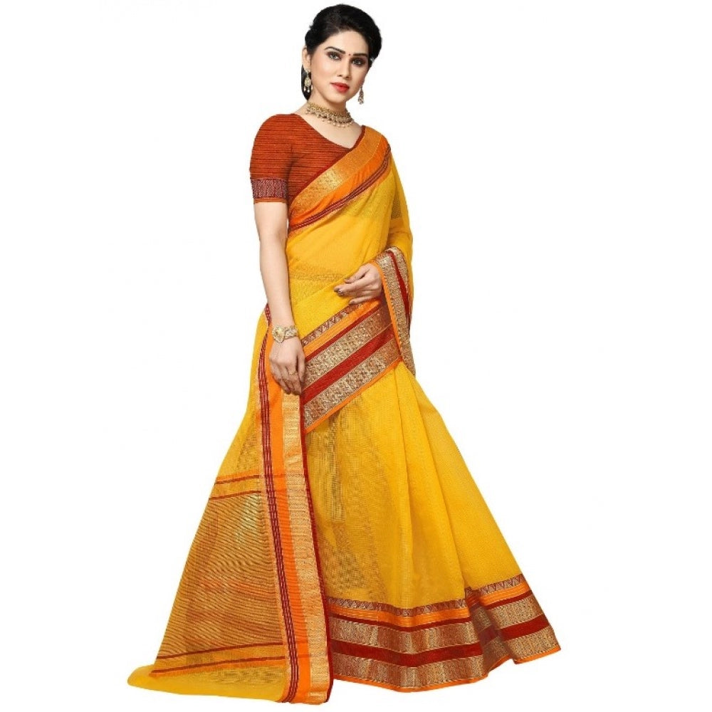 Generic Women's Kota Doria Cotton Border Saree With Blouse (Yellow, 5-6 Mtrs)