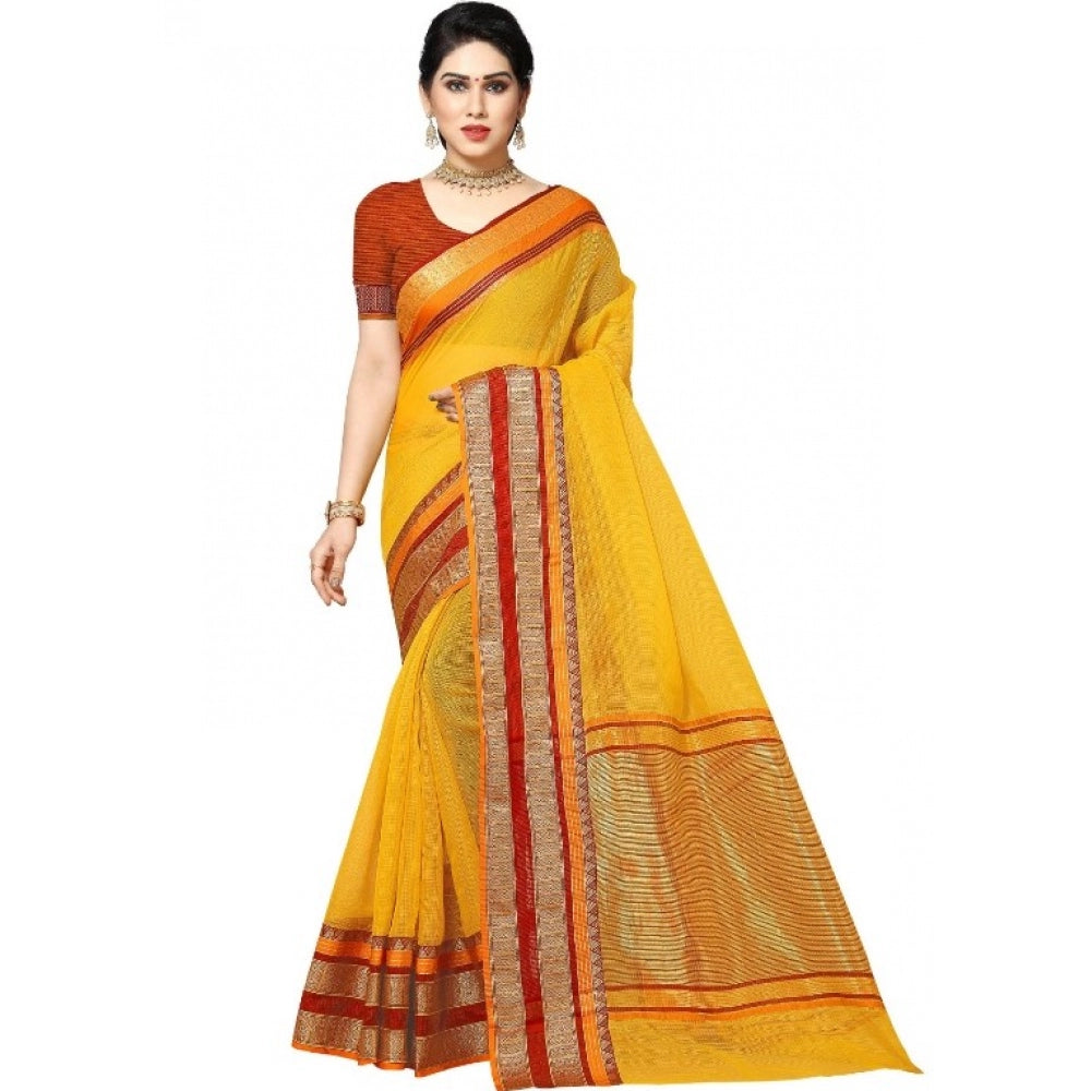 Generic Women's Kota Doria Cotton Border Saree With Blouse (Yellow, 5-6 Mtrs)