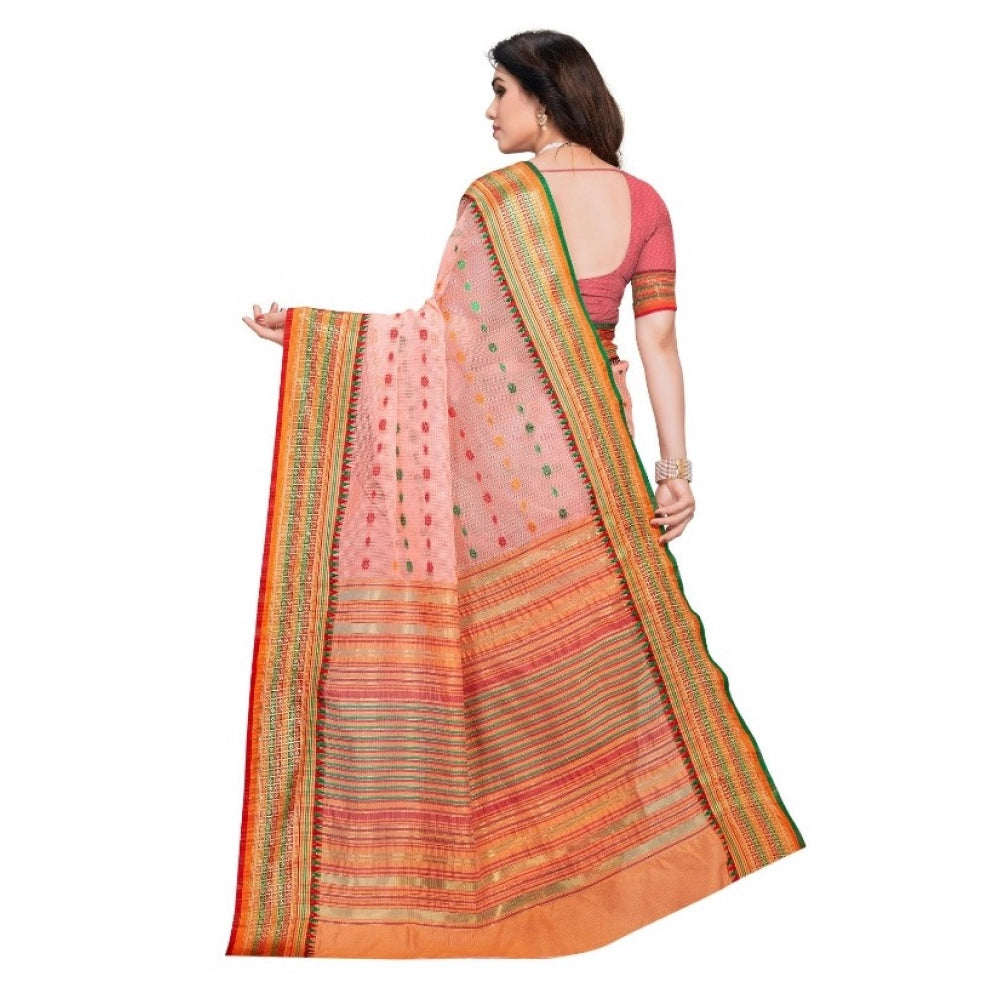 Generic Women's Kota Doria Cotton Woven Butta Saree With Blouse (Peach, 5-6 Mtrs)