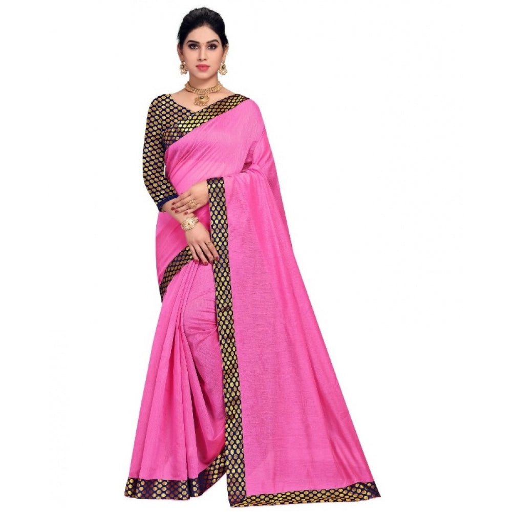 Generic Women's Chanderi Cotton Lace Border Saree With Blouse (Pink, 5-6 Mtrs)