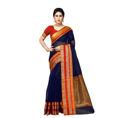 Generic Women's Kota Doria Cotton Border Saree With Blouse (Navy Blue, 5-6 Mtrs)